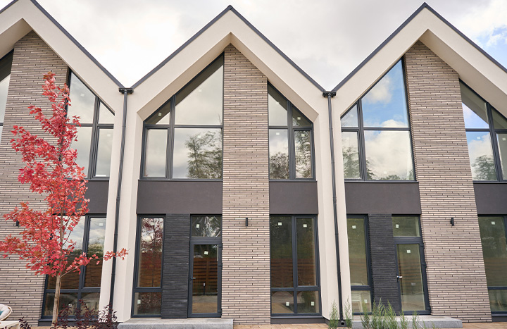 modern architectural design featuring three similar houses with large windows and a decorative red tree in front
